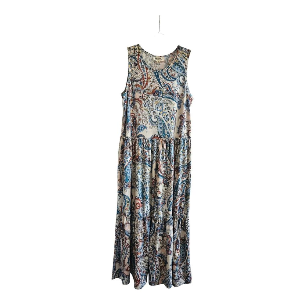 SOHO Apparel Ltd. Maxi Dress Size M Sleeveless Paisley Floral Stretch Tiered